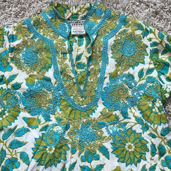 GRETCHEN SCOTT DESIGNS Embroidered Green White & Aqua Foliage Tunic Pullover XS - Picture 2 of 16